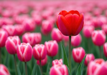 Fototapeta premium Field of tulips with one red tulip standing out among pink and white tulips