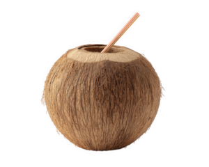 Fresh coconut with its natural shell and straw, perfect for enjoying refreshing coconut water. This tropical delight evokes sense of relaxation and summer vibes