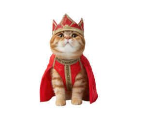 Regal cat dressed in vibrant red king outfit, complete with crown and cape, exudes majestic presence. This adorable feline showcases playful yet noble expression, perfect for capturing hearts