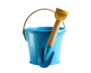 Vibrant blue bucket with wooden handle and yellow spade rests beside it, perfect for beach activities and outdoor play. This set is ideal for children enjoying sunny days at beach