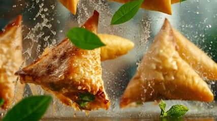 Golden samosas falling with splashes and herbs in slow motion - Powered by Adobe