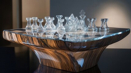 dark wood table, the contrast between the transparent pieces and the smooth, reflective surface is striking