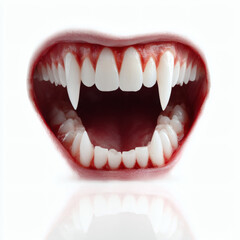 Dramatic macro shot of vampire fangs, displaying sharp teeth and a menacing, eerie look.