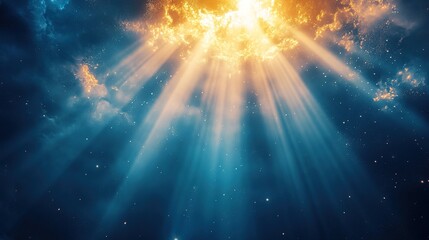 Fototapeta premium Radiant sunlight breaking through clouds nature scene atmospheric effects celestial environment serene viewpoint