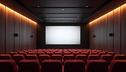 A movie theater with wooden walls and red seats, illuminated by warm lighting