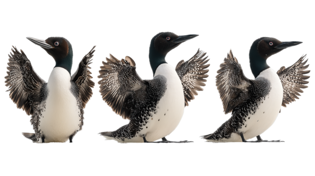 A group of loons with outstretched wings, standing on the ground