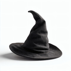 A classic black witch hat stands against a clean white backdrop, ready for spooky celebrations.