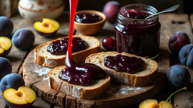 Fresh ripe plums and homemade bread for a delightful breakfast.