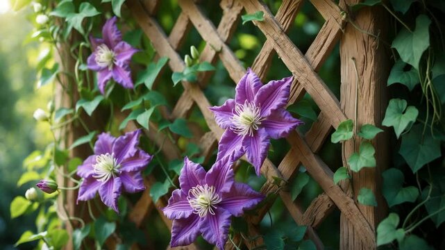 Purple clematis flowers alongside lush green vines and leaves climbing a trellis.