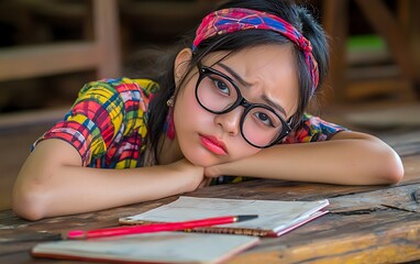 Teenager rests head on table, bored