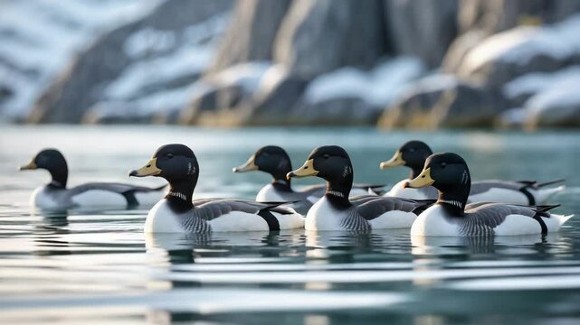 Male common eiders drifting on the water's surface.