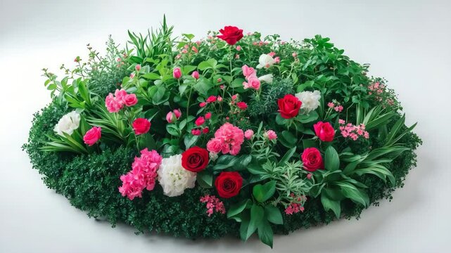 Cut-out flowerbed. Isolated plants with red flowers against a white backdrop. Opulent greenery of shrubs and bushes. Red roses.