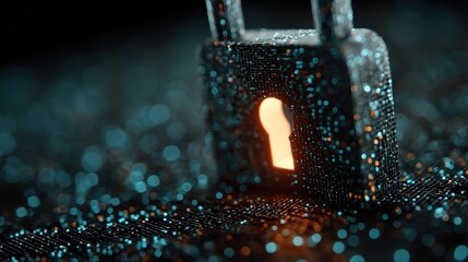 A glowing holographic lock represents the successful completion of a security update on a programming dashboard, protecting the system.