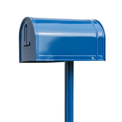 Closeup of a blue mailbox isolated on white and transparent background.