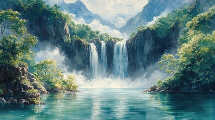 Majestic waterfall cascading into a tranquil lake nestled amidst lush, green mountains