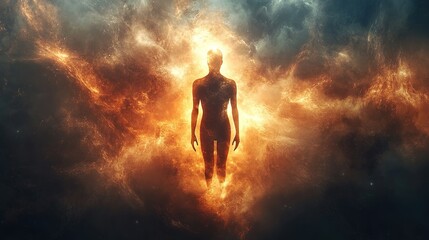 Obraz premium Celestial awakening of a cosmic figure ethereal realm digital art surreal environment fantasy perspective