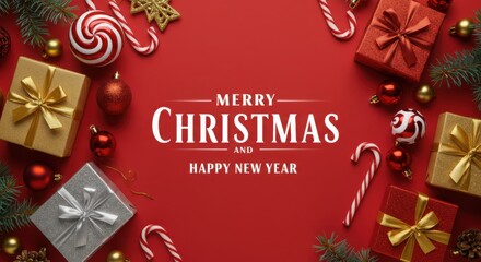 Merry christmas and happy new year with gifts and ornaments on red background