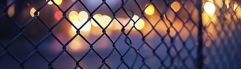 Fototapeta premium Urban nightscape through chain link fence city lights photography evening close-up artistic perspective