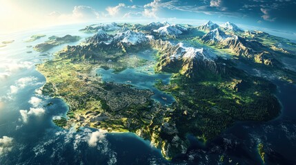 global view featuring every continent's signature landscapes, such as rainforests, glaciers, deserts, and cities.