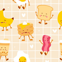 Cute breakfast food pattern. Seamless vector print with morning food.