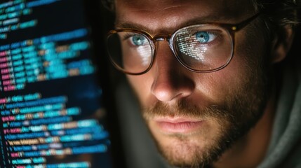 A programmer in glasses is writing complex software code while reviewing security features designed to protect data privacy.