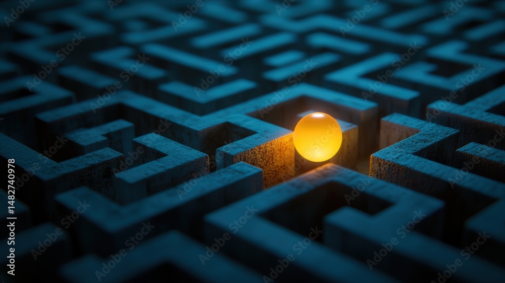 Poster glowing ball rolls through a maze illuminated by soft light, solving mysteries to find the exit