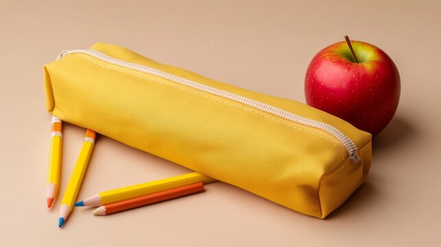 Yellow pencil case filled with colorful school stationery including pens and markers, alongside a fresh red apple on a neutral beige background, back-to-school supplies flat lay for education and lear
