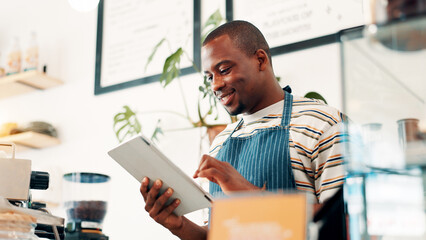 Barista, tablet and manager with black man in cafe for research, digital inventory or restaurant...