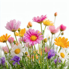 Fototapeta premium A lush display of colorful flowers covered in glistening water droplets against a white backdrop.