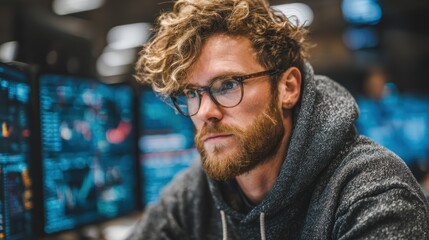 A male cybersecurity professional reviews live data feeds, adjusting firewall settings to protect sensitive data from cyberattacks.