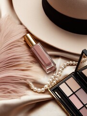 Elegant flat lay of cosmetics, a hat, and pearls on soft fabric with a stylish background