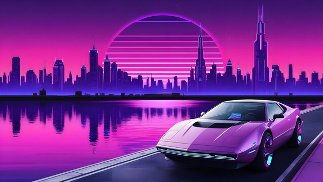 Retro synth 80s purple pink sunset highway futuristic