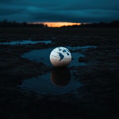 Earth Globe in Water Reflection Against Dramatic Sunset Sky