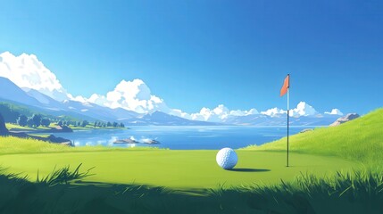 golf ball positioned near the hole on a flawless green, with the flag swaying gently in the distance under a calm, sunny day