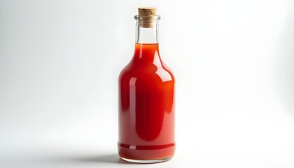 A glass bottle filled with red liquid with a cork stopper