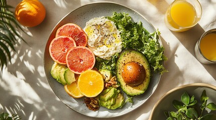 A vibrant and healthy breakfast scene featuring avocado toast, citrus slices, and fresh juice, bathed in natural light.