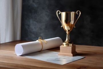 Academic trophy and diploma on polished table, concept of achievement