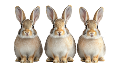 Three cute rabbits standing and looking at the camera