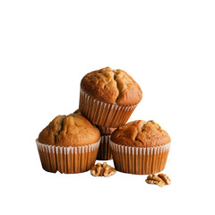 A stack of three muffins in paper liners with walnuts 