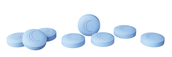 Blue sleeping pills with imprint isolated on transparent background. Conceptual design tablets for insomnia. 3d illustration