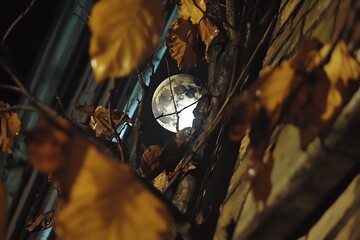 The bright full moon framed through autumn branches at nighttime