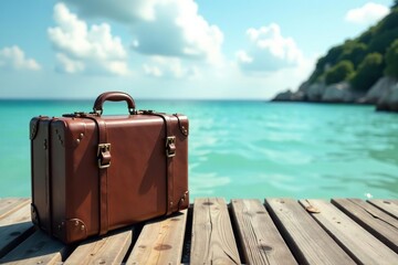 A vintage suitcase sits on a weathered wooden dock overlooking a tranquil ocean, ready for adventure , sea, wood
