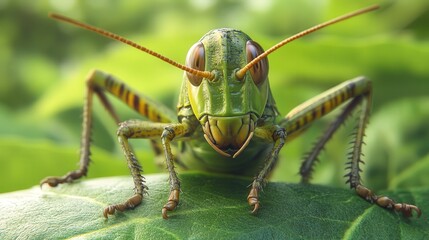 grasshopper is shown gripping a leaf tightly with its legs as it eats, the image focused on its mandibles and antennae