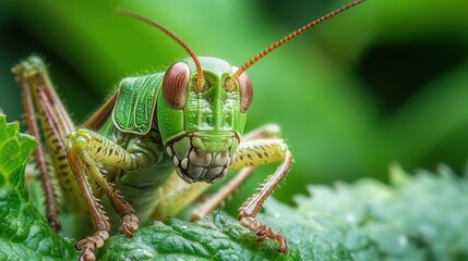 grasshopper is shown gripping a leaf tightly with its legs as it eats, the image focused on its mandibles and antennae