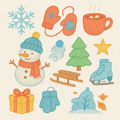Fototapeta premium Winter Clipart Set – Cute Colored Pencil Snow Season Elements