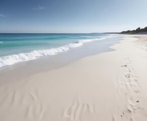 Soft blue waves gently caress a pristine, white sandy beach , blue, relaxing