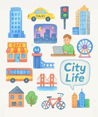 City Life Clipart &ndash; Urban Colored Pencil Illustration Pack