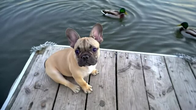 A playful French Bulldog sitting on a wooden dock by a serene lake, with a duck swimming nearby - frenchie puppy