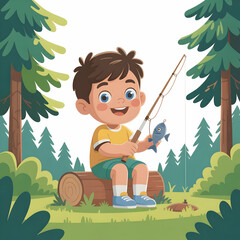 Kids summer Camping in forest picnic spot holiday vector illustration 