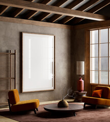 A harmonious blend of modern comfort and Japanese inspired interior elegance. Mock up poster frame. 3D illustration.